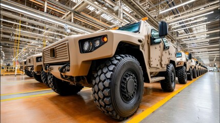A row of military vehicles in a factory setting, showcasing robust tires and durable builds ready for deployment. The vehicles are in the assembly line.