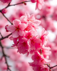 Obraz premium Coral-pink cherry blossoms glow in creamy light.