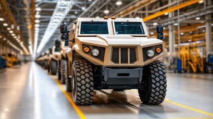 Obraz premium An armored military vehicle sits in an industrial setting, suggesting assembly or inspection of the transport.