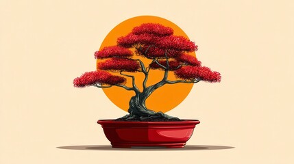 Fototapeta premium Vibrant Red Bonsai Tree Silhouetted Against a Warm Golden Sun on a Soft Background