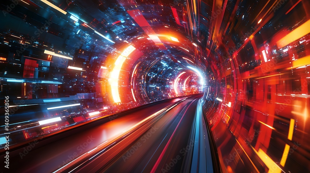 Poster abstract digital tunnel with bright lights and geometric structure in motion