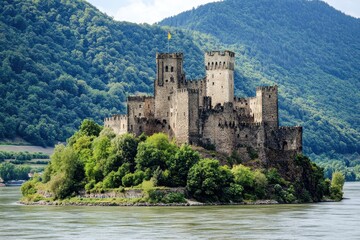 Naklejka premium Castles on the Rhine River: Vintage Attractions with Rich History and Scenic Views