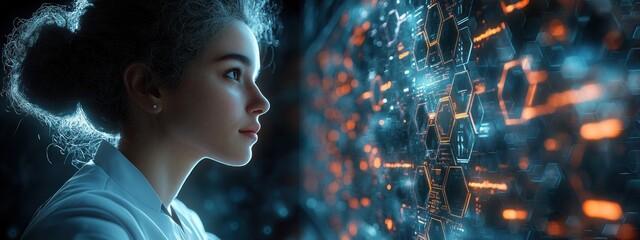 Healthcare Professional Interacting with Virtual Medical Interface in Futuristic Hospital Environment