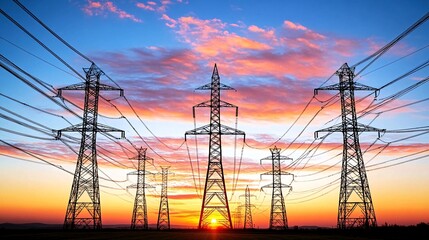 Sunset power lines energy landscape electricity transmission