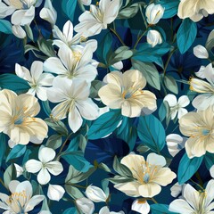 Luminous White Blooms: A Teal-Toned Floral Tapestry