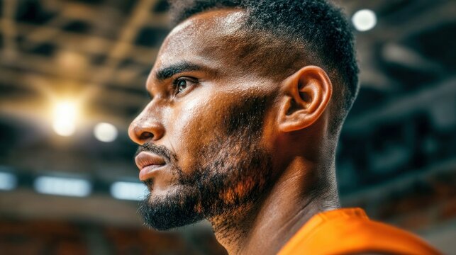 A focused portrait showcases a determined basketball player, capturing a moment of intense concentration during a game. His determined gaze reflects athleticism. - Powered by Adobe