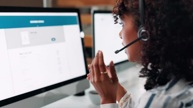 Call center, computer screen and contact us with person in office for assistance or communication. Customer service, headset and support with employee at help desk for consulting or lead generation