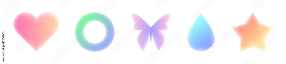 Poster pastel gradient noise shapes collection in y2k aesthetic - heart and circle, butterfly and star, tea