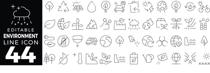 Environmental & Ecology set of web icons in line style. Collection includes nature, ecosystem, globe, pollution, recycling, solar, tree, water, forest, protection, sustainable, climate and more.