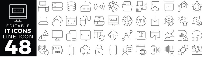 Information & Technology set of web icons in line style. Collection includes cyberspace, digital, network, server, system, cloud, database, communication, cyber, innovation, security and more.