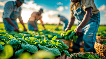 Farmers harvest a field of fresh, green spinach under a bright, sunny sky.