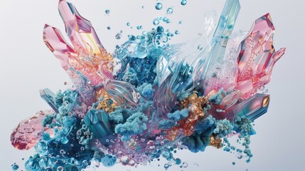 A detailed hyper realistic image of a complex digital stream made up of blue, pink and teal crystals and organic shapes, with a flowing organic form