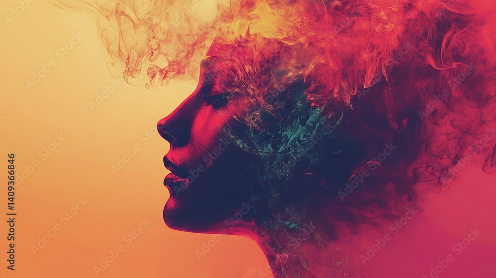 Poster abstract portrait of a woman with exploding particles in warm colors