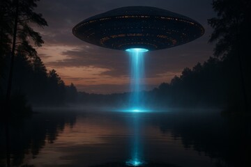 Cinematic UFO hovering above forest lake at night with glowing blue beam

