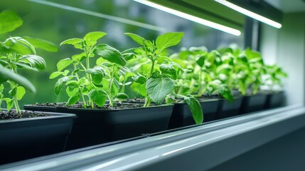 Apartment window herb garden in hydroponic unit, close-up shot with 50mm lens, shallow depth and soft lighting 