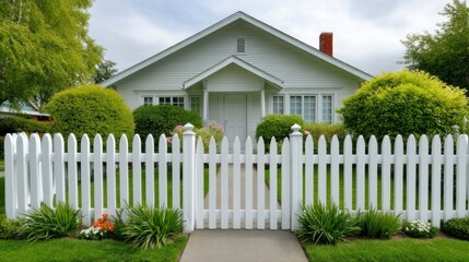 Fototapeta premium A beautiful white house with a picket fence, green lawn, and manicured landscaping. The house is surrounded by lush greenery and a charming atmosphere.
