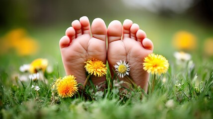 Bare feet rest peacefully amidst vibrant flowers in a sun-drenched meadow, showcasing nature's beauty.
