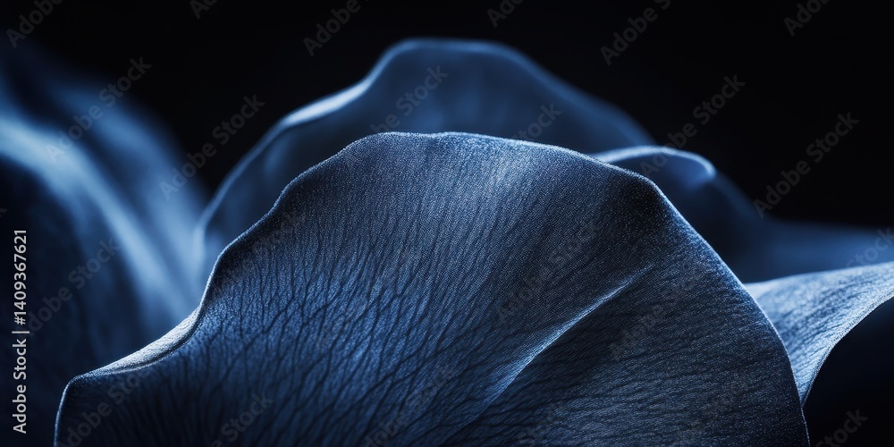 Poster deep blue petals: close-up view of the intricate texture and subtle curves of dark blue petals, illu