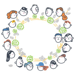 クローバーの輪と日本人と外国人　横顔　グローバルシリーズ　ストックイラスト素材
