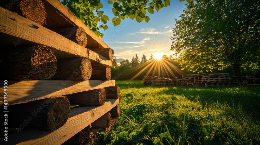Poster sunset timber stack: wooden logs neatly stacked on pallets at sunset, creating a picturesque scene i