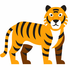 Flat Vector Illustration Of A Standing Cartoon Tiger With Striped Pattern On White Background
