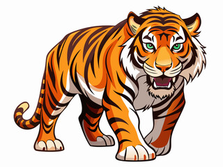 Cartoon Tiger Illustration Isolated On White Background Capturing Striped Fur And Green Eyes Walking Aggressively With Mouth Open For Digital Art