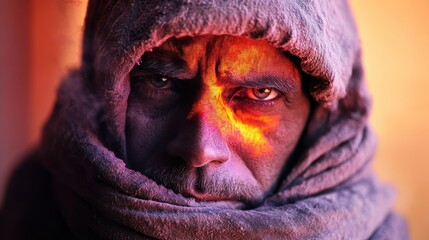 The Fire Within: An intense portrait of a man shrouded in shadows, with eyes that blaze with an inner fire.