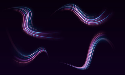 Futuristic light motion effects on a black background, showcasing fast-moving neon stripes and creative illustrations of high-speed concepts, ideal for visualizing technology and progress.	