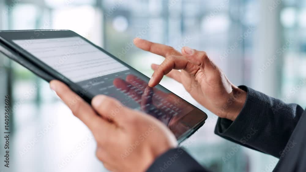 Aufkleber website, tablet screen and man in office, hands and typing with subscription, connection and network