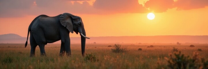 Fototapeta premium Grey elephant stands alone in misty savannah at dawn, Mist, Grasslands