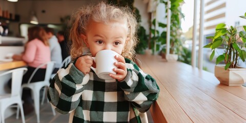 A little girl is drinking from a cup at a cafe. She is wearing a green and white plaid sweater