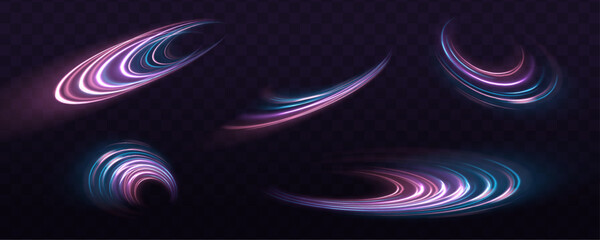 Set of glowing speed spirals on dark background for your neon design. Abstract vector fire circles, sparkling swirls and energy light spiral frames.	