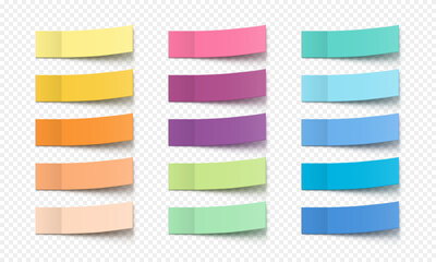 Vector collection colorful realistic sticky notes. Post note stickers template. Sticky paper tapes with shadow isolated on transparent background.