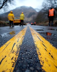 Road workers near mountain, traffic, accident