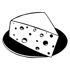 Black And White Illustration Of A Cheese Wedge On A Plate Outlined Style Simple Design