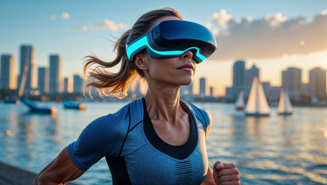 A woman in a VR headset runs outdoors, enjoying virtual reality during her workout by the sea.