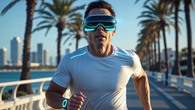 A man jogging on a sunny day, enhanced by futuristic vr goggles and a glowing watch.