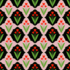 geometrical seamless pattern with tulips on dark background. Elegant Endless Design ideal for Fabric, Wrapping Paper. spring summer Garden.