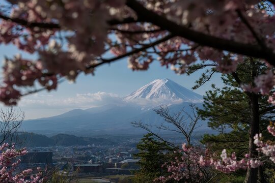 Cherry blossoms framing mount fuji japan landscape photography serene environment scenic view nature's beauty