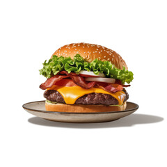 Delicious and appetizing bacon cheeseburger served on a rustic plate