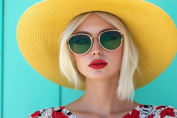 Fototapeta premium A blonde woman wearing a yellow hat and sunglasses. She is wearing a red dress and a red lipstick