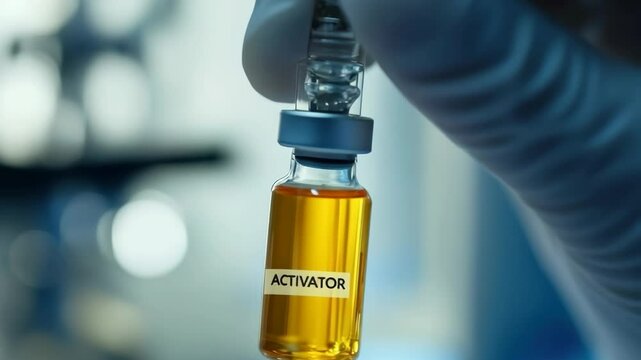 Scientist holding activator vial in laboratory