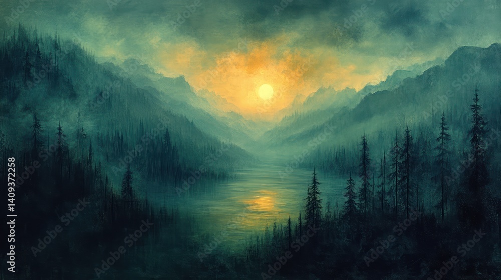 Poster abstract landscape graphic resource with impressionist style and atmospheric lighting