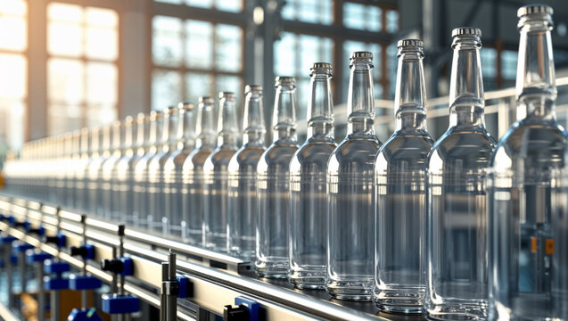 A row of clear glass bottles moves along a conveyor belt in a modern factory environment.