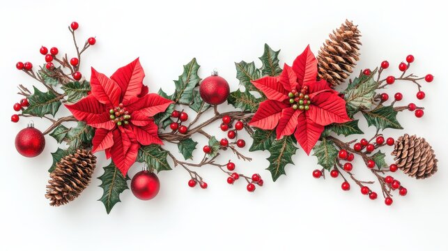 Christmas On White. Festive Frame of Red Poinsettia Flowers, Christmas Tree Branch, and Berries on White Background