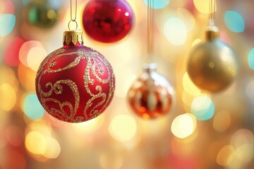 Fototapeta premium Christmas Ornament Background. Festive Christmas Balls Hanging on Blurred Festive Decor Background
