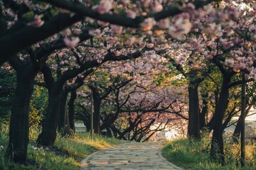 Naklejka premium Cherry blossom blooming path scenic park nature photography tranquil environment serene viewpoint beauty in nature