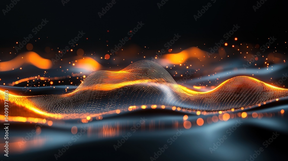 Poster abstract waves of light and color creating a dynamic digital landscape.