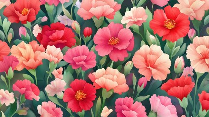 Dense arrangement of red and pink watercolor carnations, layered petals and green foliage in vivid botanical style 