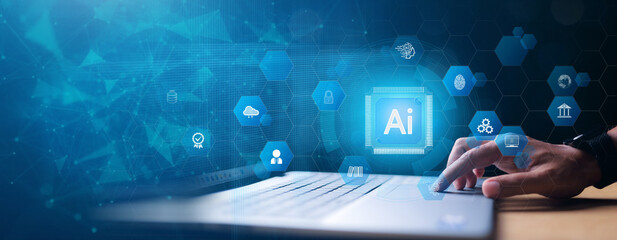 Chat with AI or Artificial Intelligence. Young businessman chatting with a smart AI or artificial...